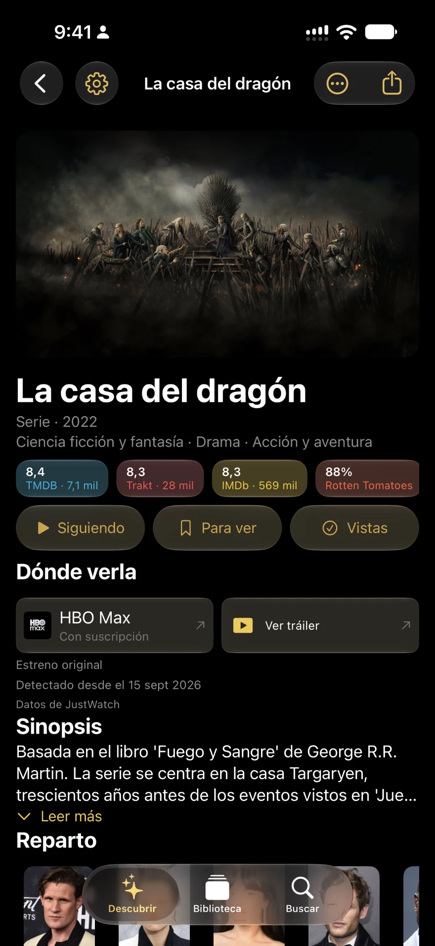 Ficha de un título con valoración, disponibilidad y acción para añadirlo