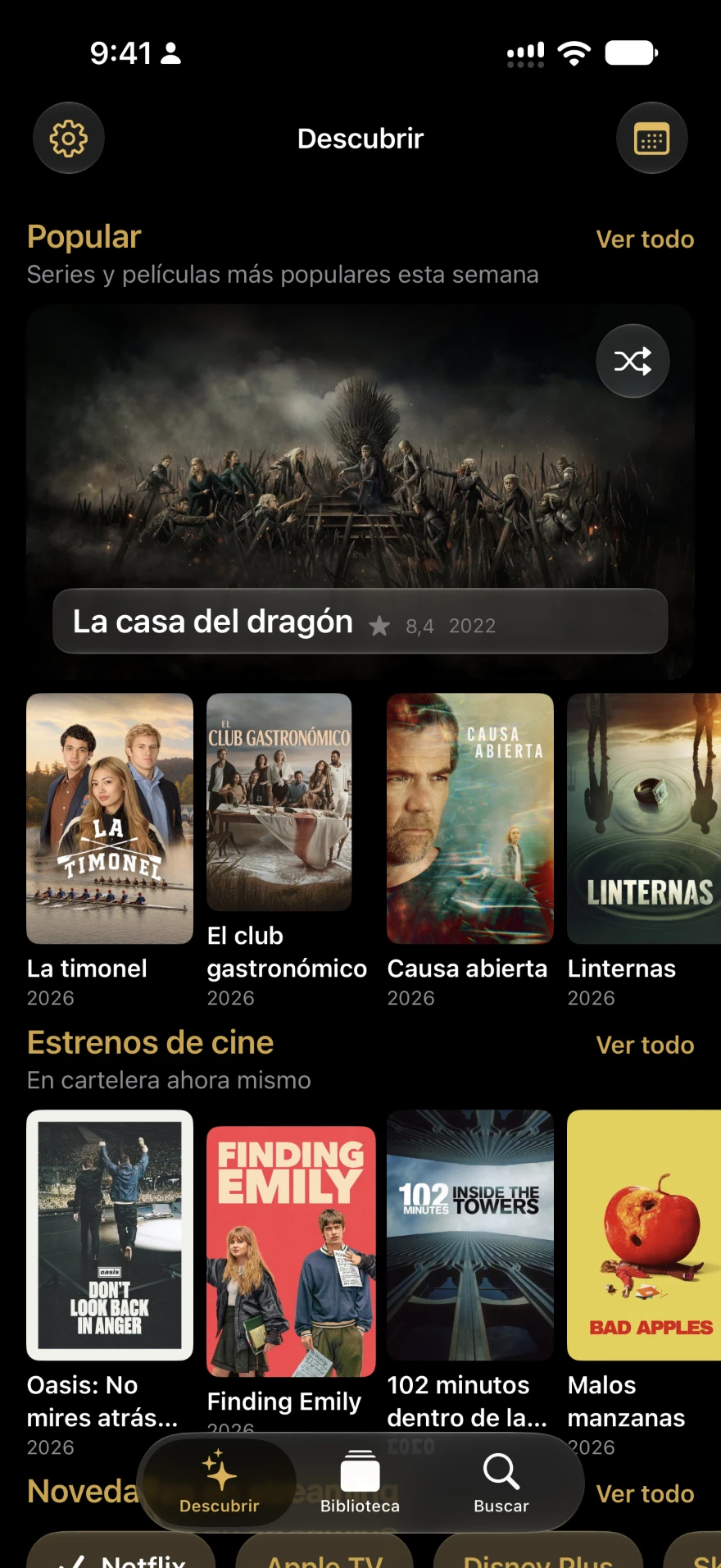 Pantalla Descubrir de Aldebaran con series populares, estrenos de cine y novedades por
                        plataforma