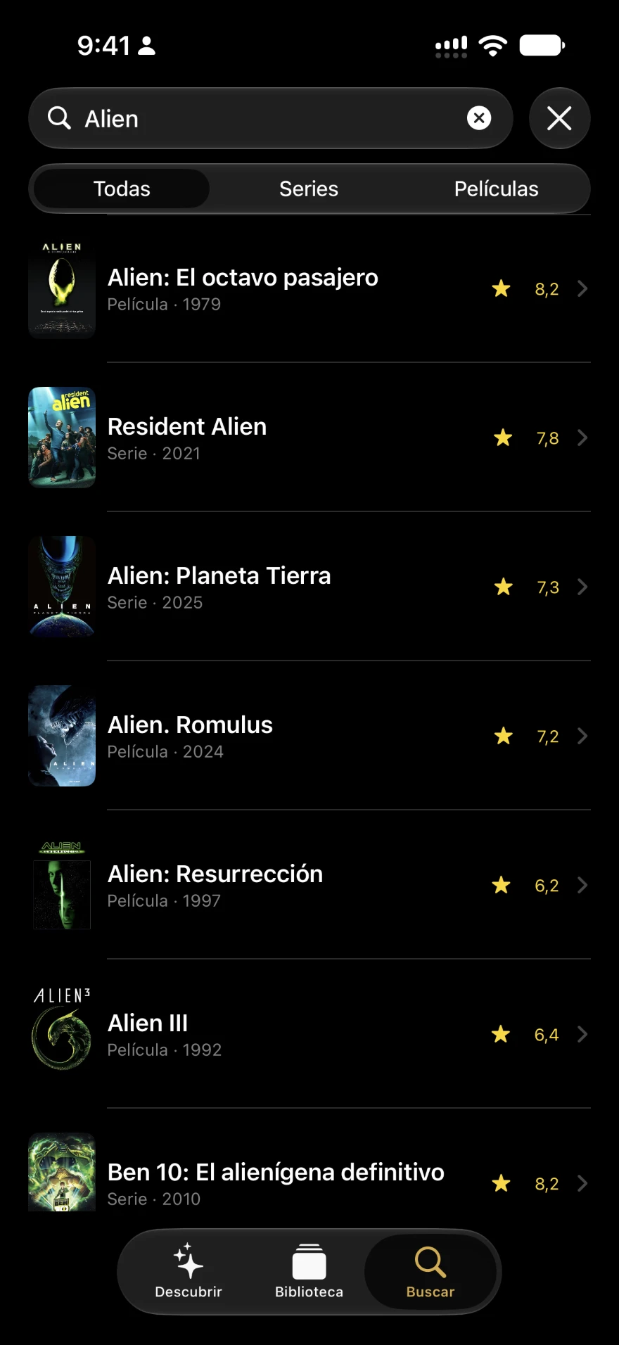 Buscador de Aldebaran con filtros por tipo, género y plataforma